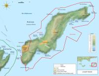 The military area of the Levant Island (red limit) corresponding to the survey (source: Wikimedia Commons user: Bourrichon).