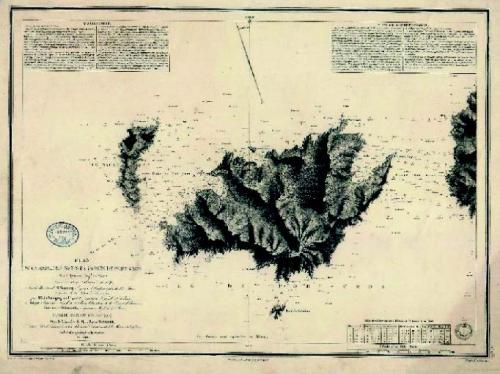 Carte marine des îles de Port-Cros et Bagaud, datée de 1842. Noter que la graphie de certains toponymes a changé depuis : l’île de Bagau est devenue Bagaud