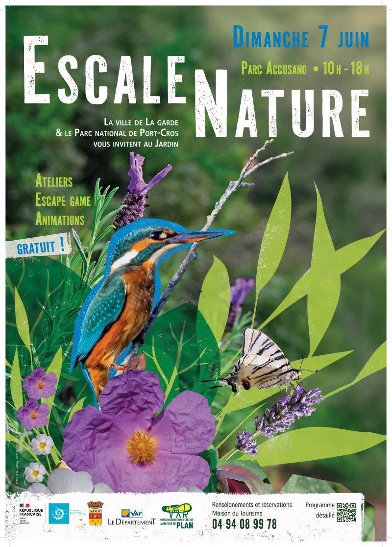 Oiseaux, fleurs et papillons sur une affiche présentant la date de l'animation "Escale nature à La Garde
