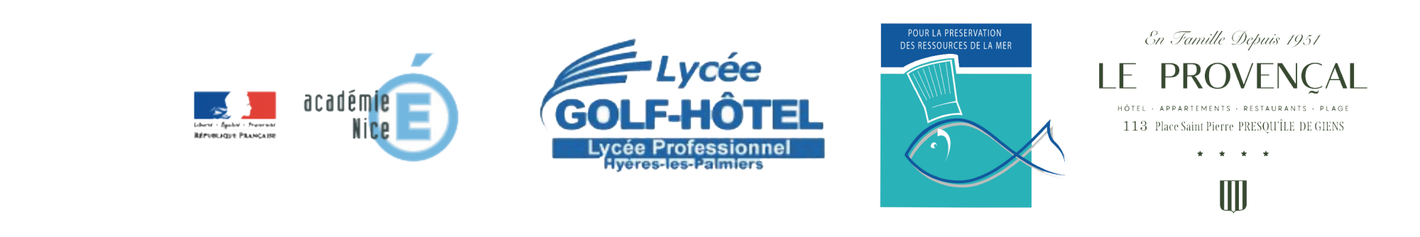 Logos de l'Académie de Nice, du Lycée Golf Hotel, Pour la préservation des ressources de la mer et de l'hotel-Restaurants Le Provençal