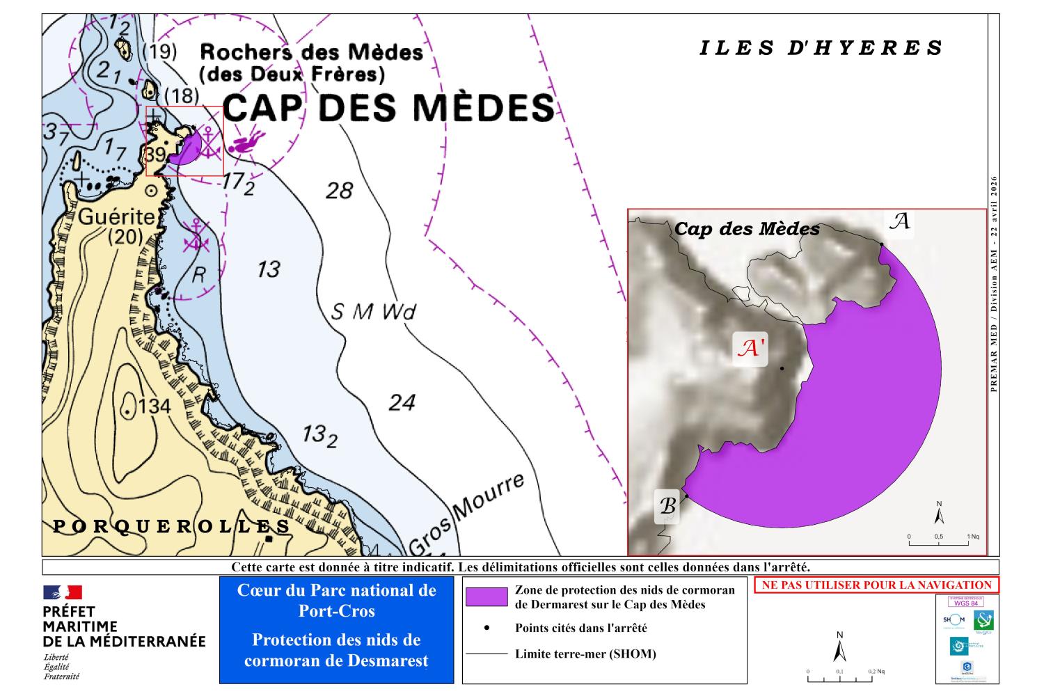 carte decrivant la zone interdite à la navigation des navires autour des Mèdes
