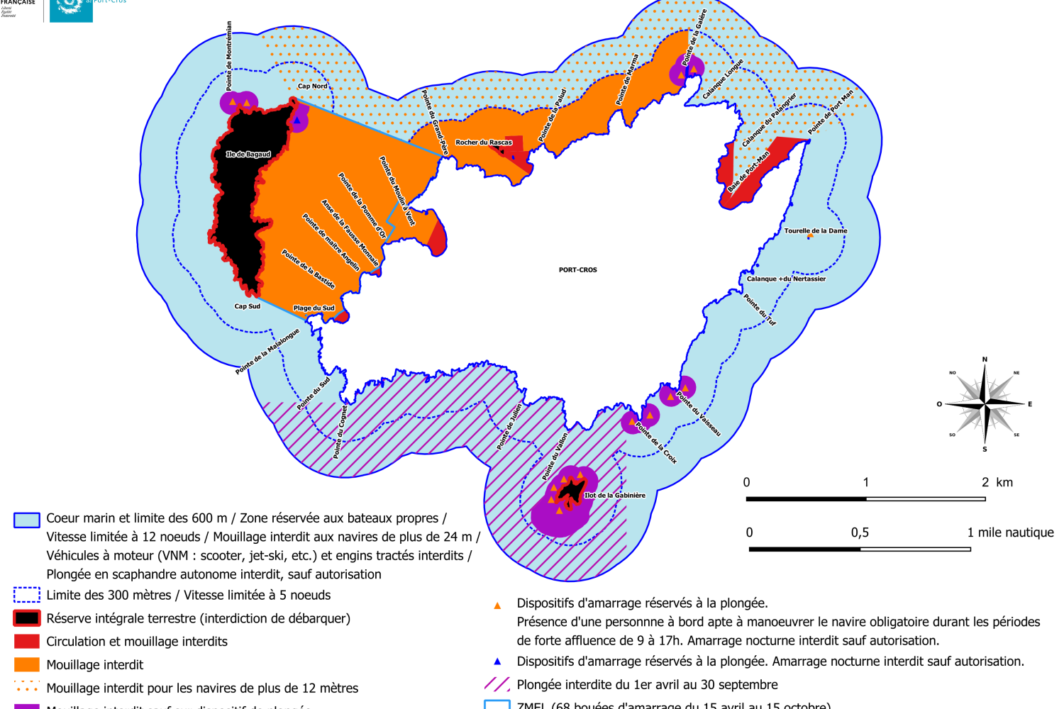 Carte de règlementation des activités nautiques PORT-CROS 2026