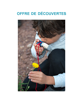offre de découvertes. Enfant qui regarde une fleur à la loupe